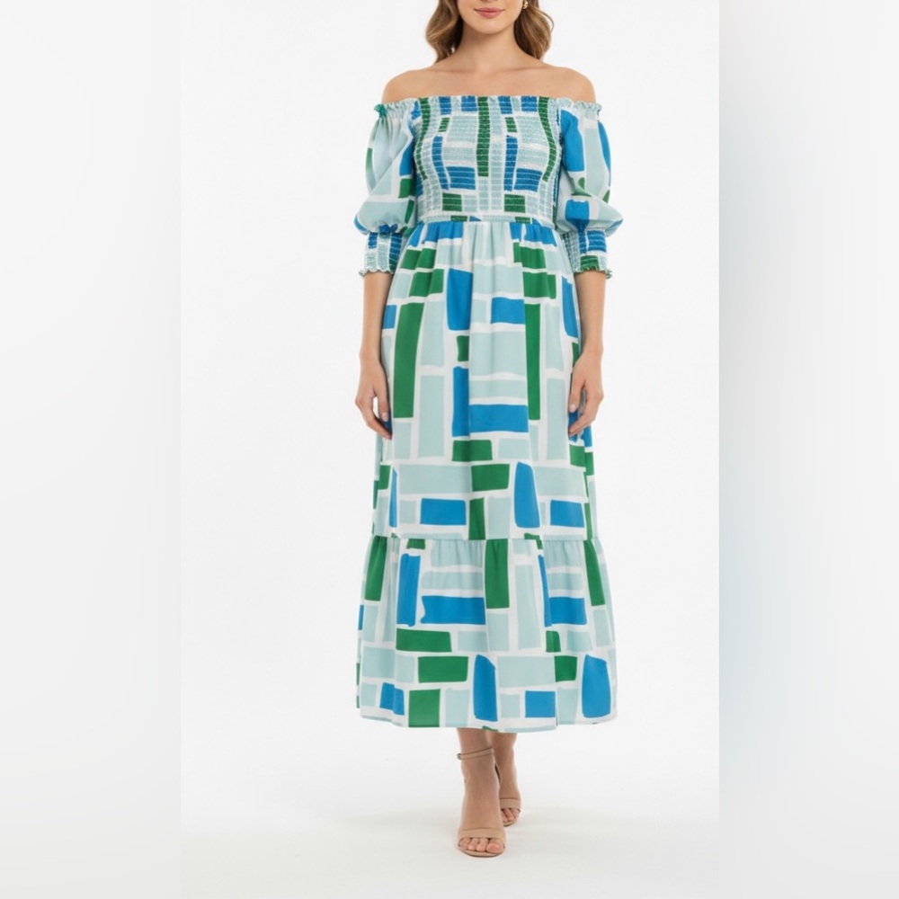 Chic Off-Shoulder Blue and Green Midi Dress